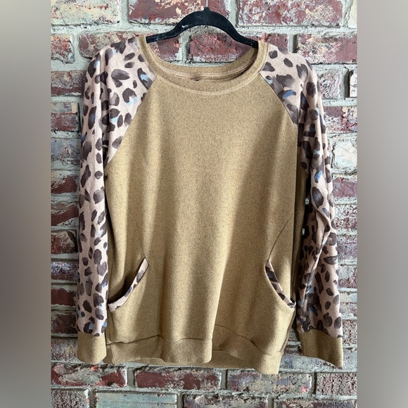 None Sweaters - Leopard Sleeve Pullover Sweater • Tan Knit Top • Cozy Raglan Long Sleeve